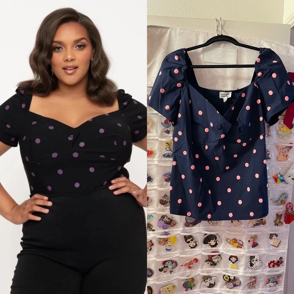 Unique Vintage Navy & Pink Polka Dot Nora Top